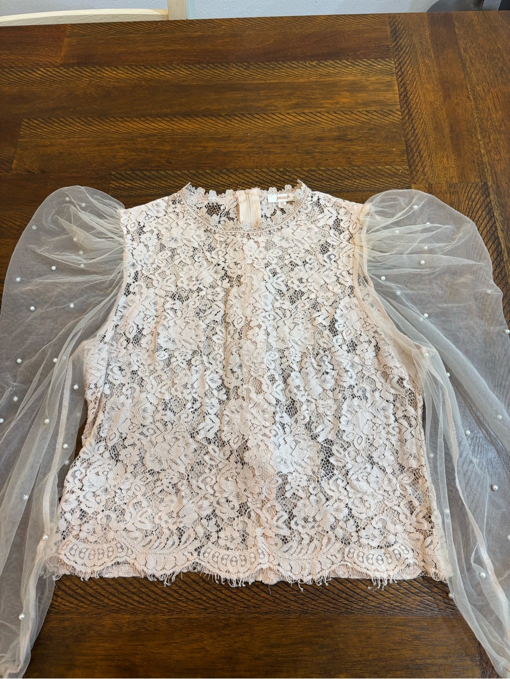 Lace Pearl-Accent Puff Sleeve Blouse - Blush Pink